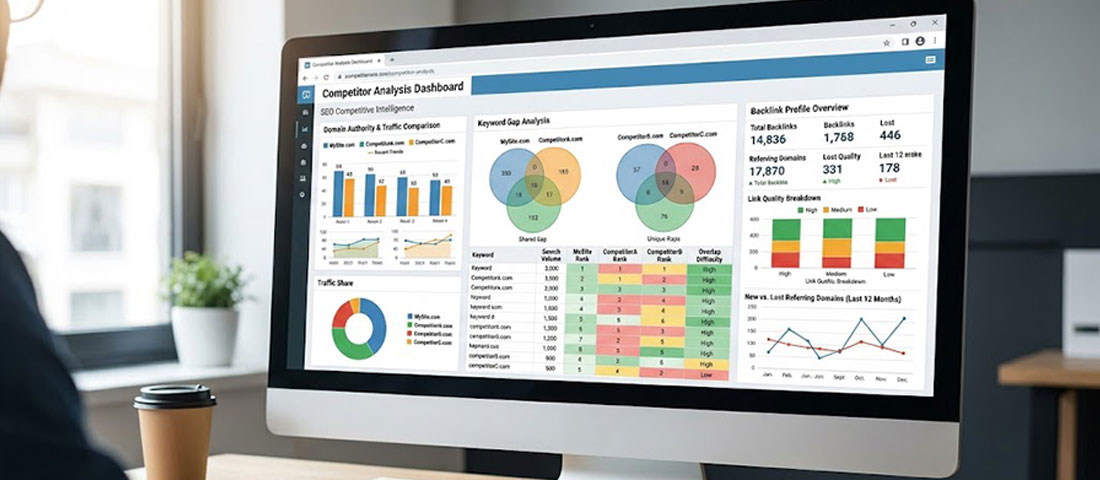 SEO tools for competitor analysis showing keyword gap backlink analysis and ranking data for improving search engine rankings in 2026