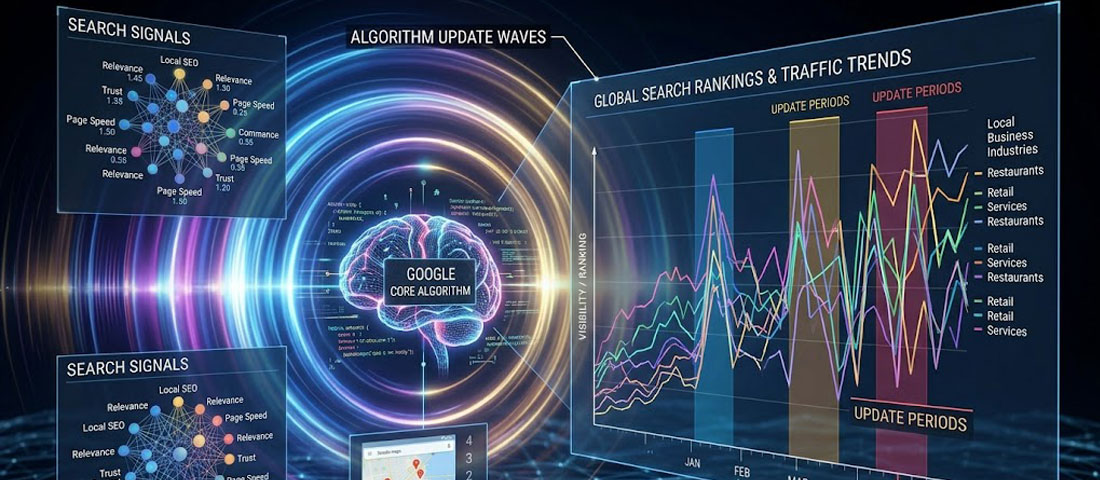 Google SEO algorithm updates and search trends 2026 showing ranking fluctuations and the need for adaptive SEO strategy