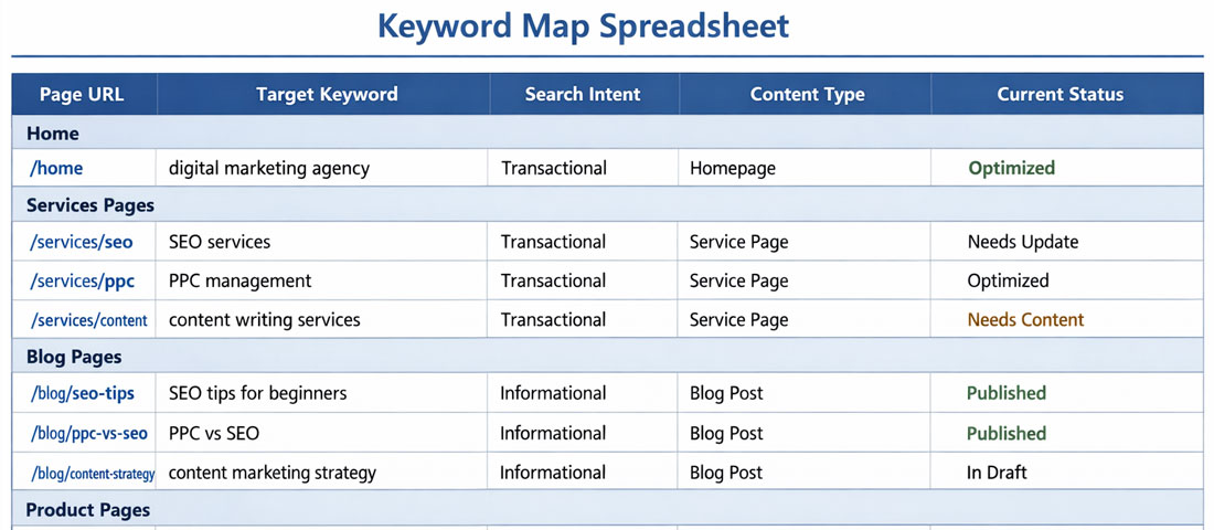 Keyword map spreadsheet showing target keywords assigned to specific website pages with intent categories and content types for organised SEO strategy