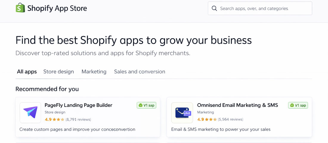 Shopify app store showing best apps for eCommerce stores in 2026 covering conversion reviews email marketing and fulfilment