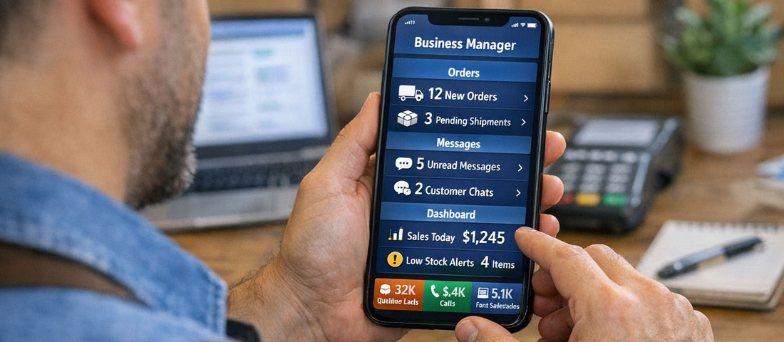 Small business owner using a mobile app on a smartphone to manage orders, customer communications and business operations
