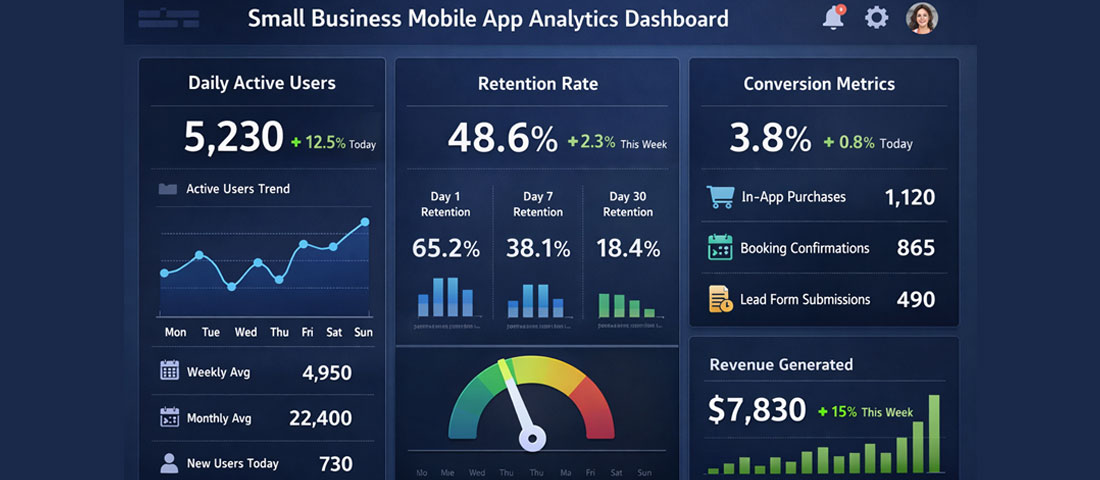 Small business mobile app analytics dashboard showing daily active users, retention rate and conversion metrics