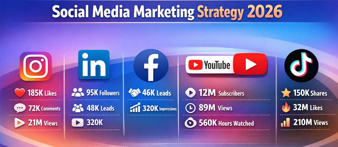 Social media marketing strategy 2026 showing multiple platforms including Instagram LinkedIn Facebook YouTube and TikTok with engagement metrics