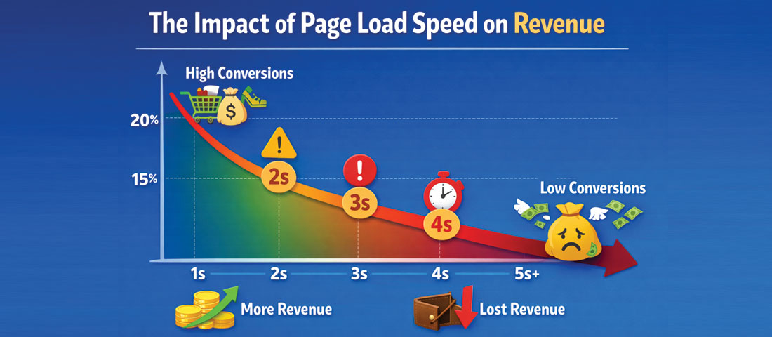 Chart showing relationship between website load time and conversion rate demonstrating how slower pages lose more visitors and conversions