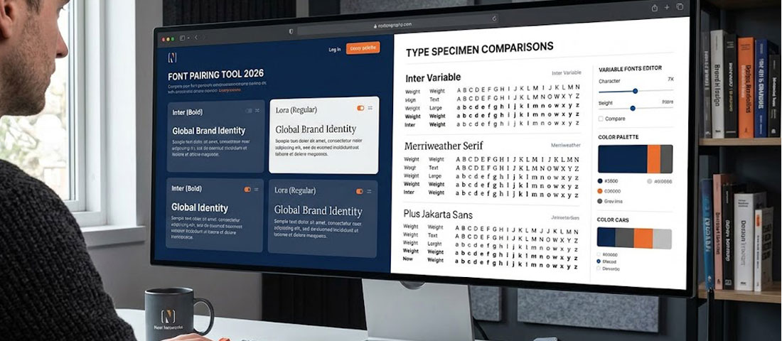 Designer working with typography on a large monitor showing font pairing tools and type specimen comparisons