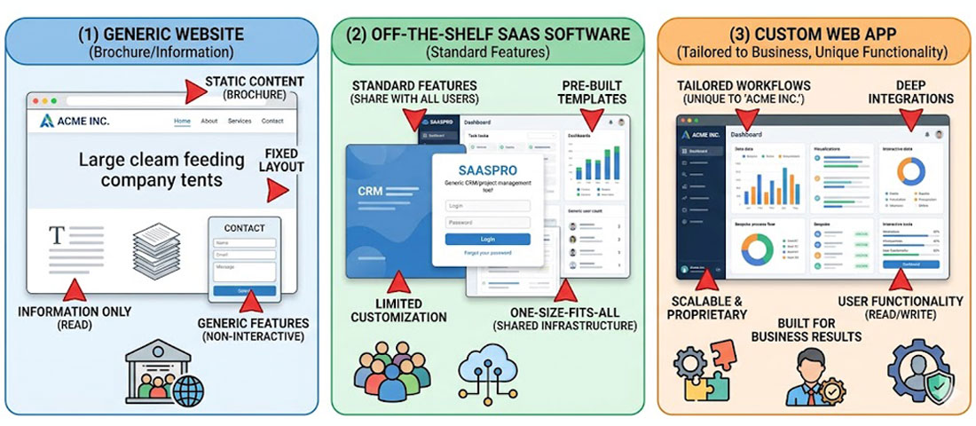 Comparison diagram showing website versus off-the-shelf software versus custom web application highlighting differences in purpose customisation and business fit