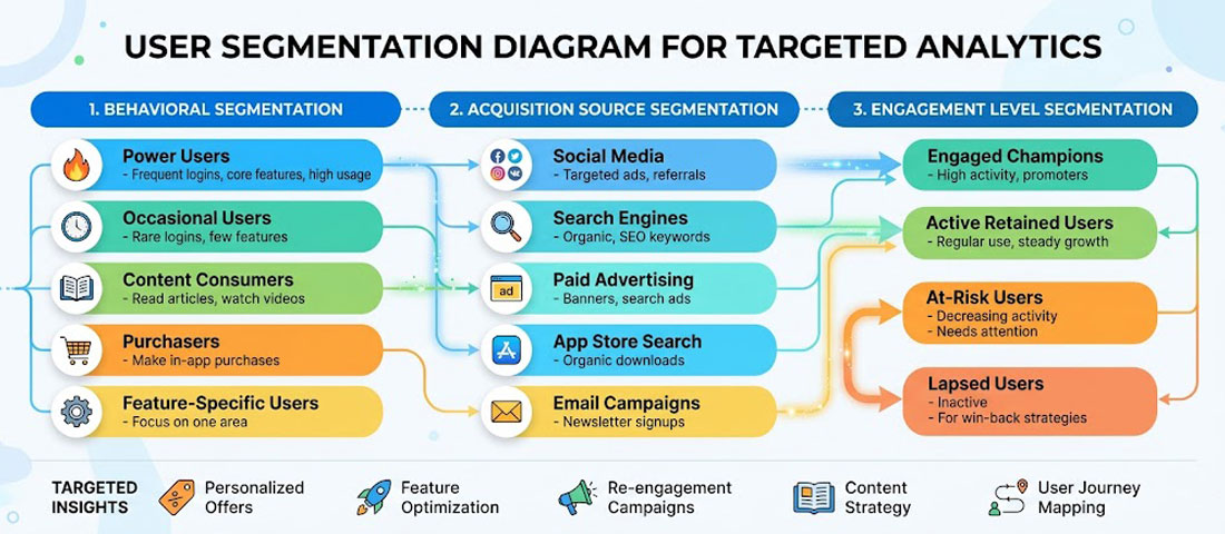 User segmentation diagram showing how app users are divided by behaviour, acquisition source and engagement level for targeted analytics