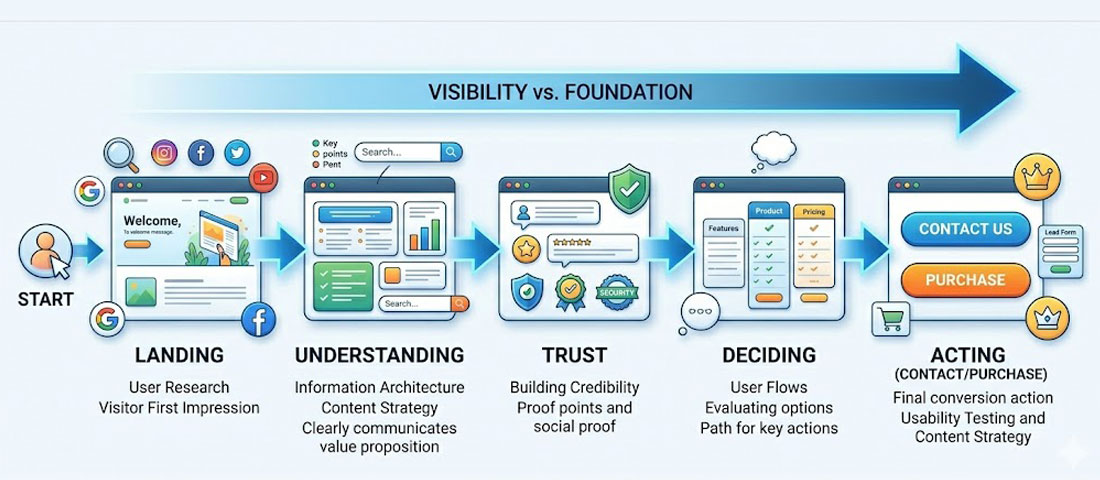Website user journey diagram showing path from visitor landing page through understanding trust and decision to becoming a paying customer