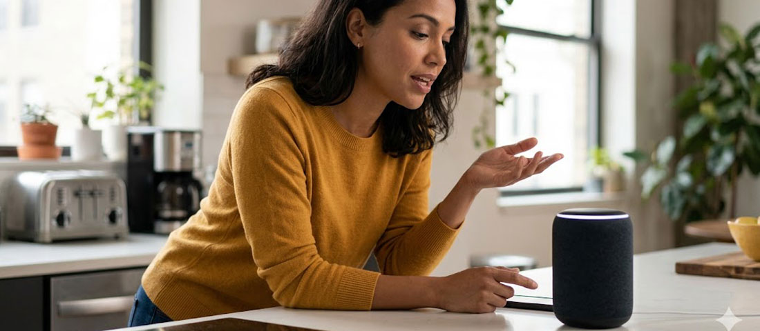 Person using voice search on smartphone asking conversational question representing voice search SEO optimization for local businesses