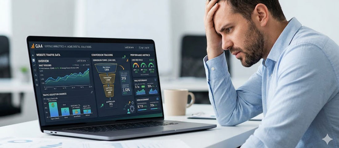 Business owner reviewing underperforming website analytics showing signs that website needs a redesign in 2026