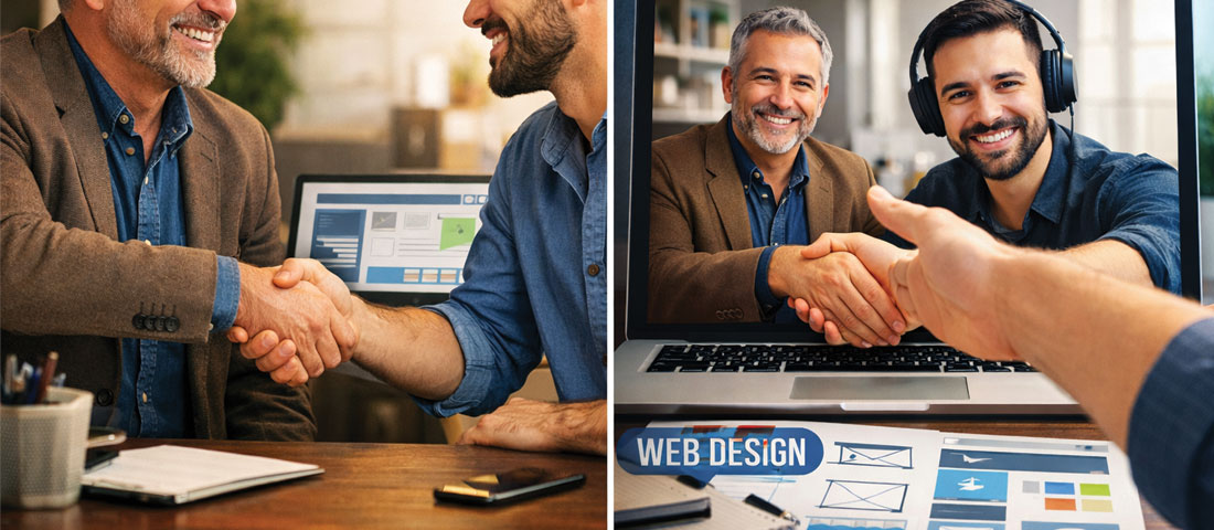 Business owner and web design professional shaking hands representing successful partnership selection for a business website project