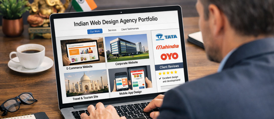 Business owner reviewing Indian web design agency portfolio on laptop representing due diligence process for selecting the right outsourcing partner