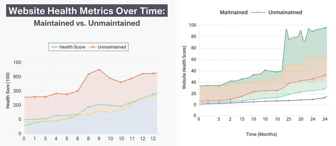 Website health over time graph showing maintained website staying healthy versus unmaintained website declining in performance security and reliability