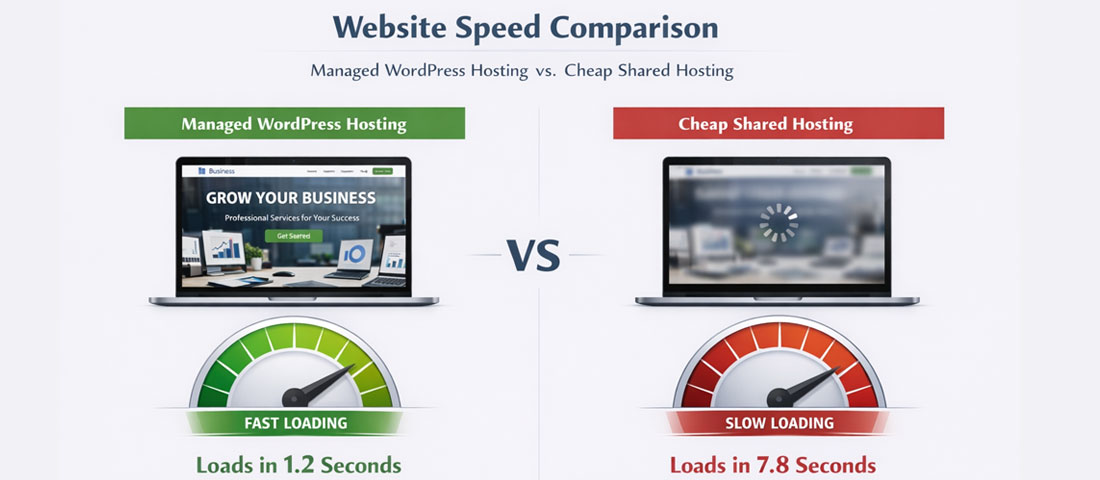 Website speed comparison showing fast loading business website on managed WordPress hosting versus slow loading website on cheap shared hosting