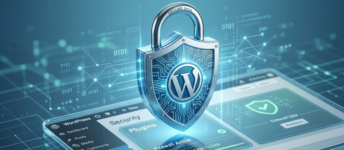 WordPress website security guide 2026 showing digital padlock and shield protection against cyber threats and hackers