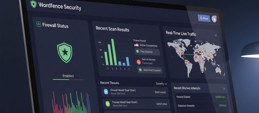 WordPress security plugin dashboard showing firewall protection malware scan results and live traffic monitoring for website security management