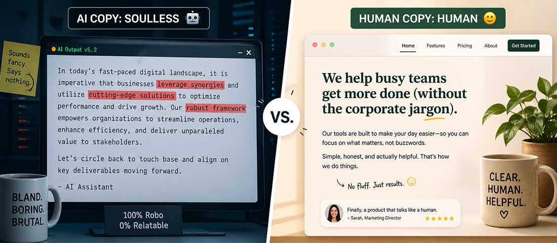 AI website copy comparison showing robotic corporate AI output versus human warm conversational copy demonstrating how to use AI to write better website content in 2026