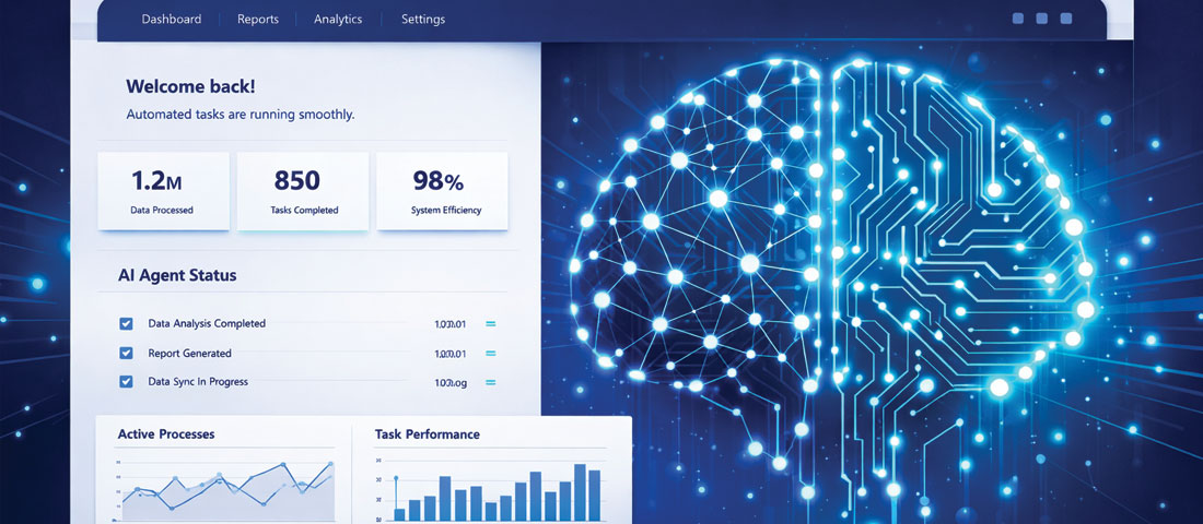 Agentic AI in web design 2026 showing intelligent AI agent autonomously managing and optimising a business website interface with neural network elements
