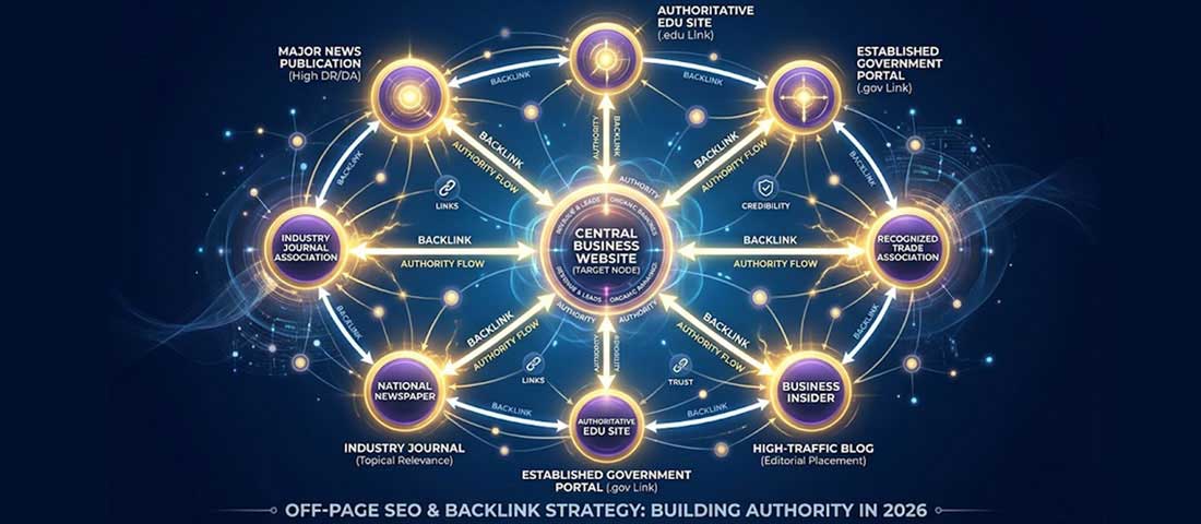 Off-page SEO and backlink strategy showing authoritative domains linking to business website representing domain authority building in 2026