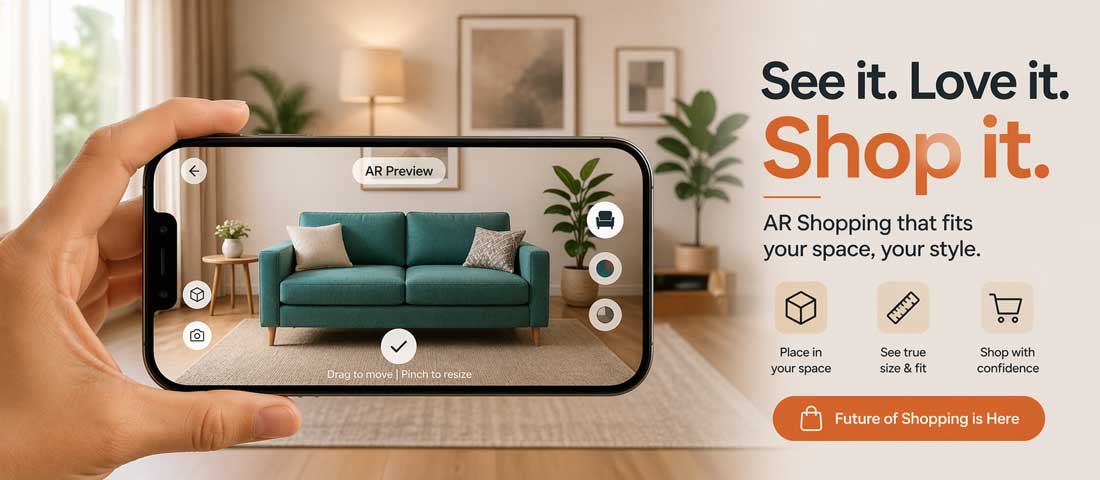 Augmented reality try-before-you-buy eCommerce experience showing smartphone AR overlay placing furniture in real room or trying on product virtually in 2026
