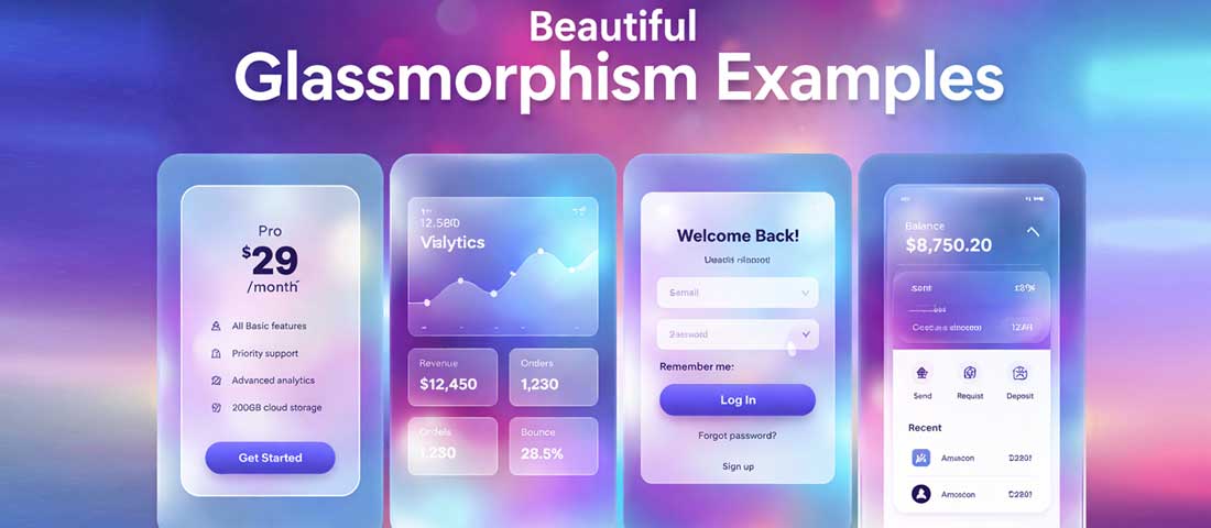 Glassmorphism web design done well showing pricing cards dashboard widgets login modal and mobile app UI as best use case examples