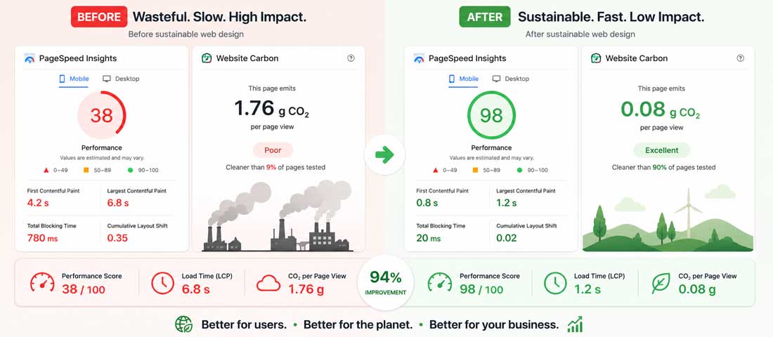Sustainable web design before and after comparison showing website carbon rating improving from D to A grade with reduced CO2 emissions and faster page load scores