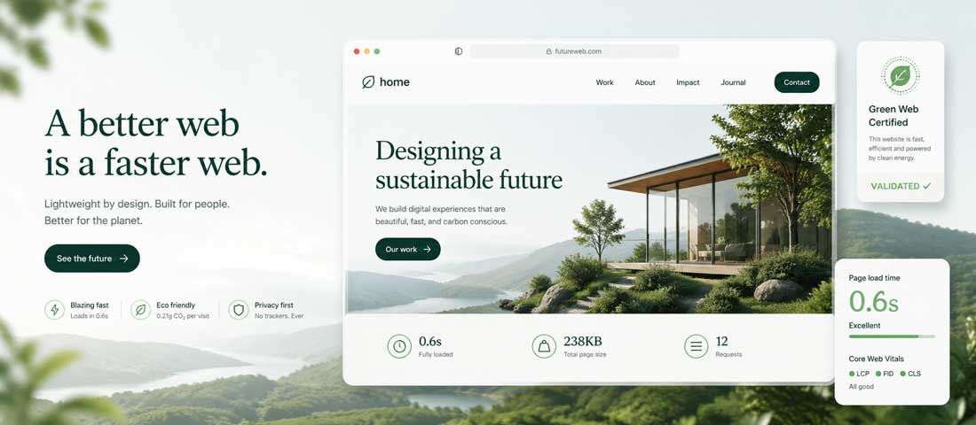 Sustainable website design end state showing clean minimal fast-loading website with green certification badge representing the future of environmentally responsible web design
