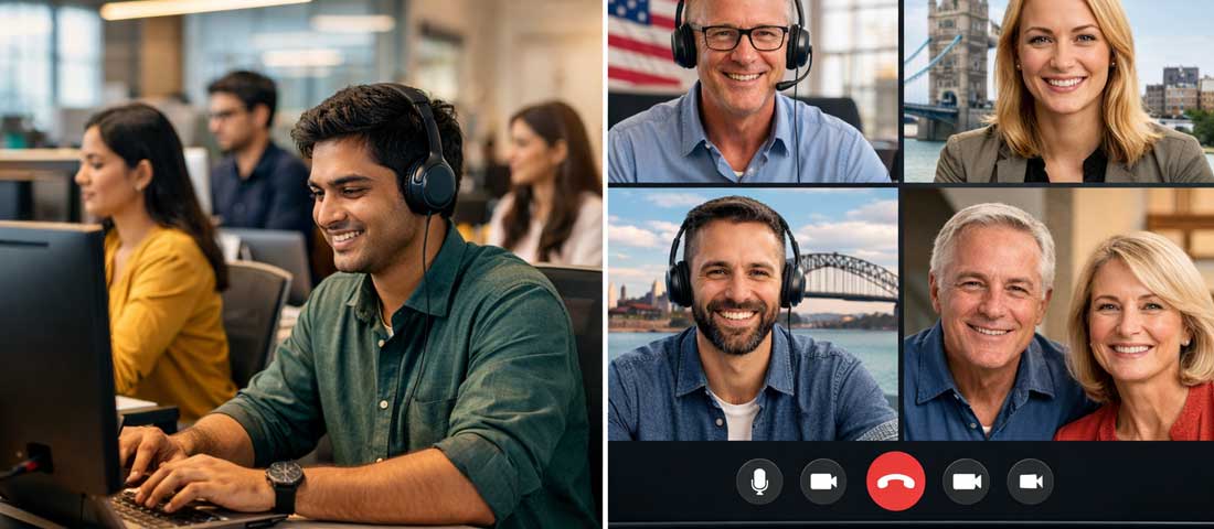 Indian tech company professional office environment showing skilled developers working with international clients via video call representing modern India global tech partnership