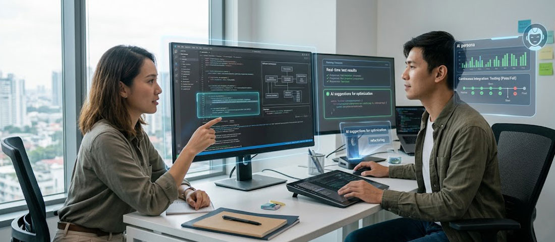 Future of AI code generation showing developer collaborating with AI agent running tests proposing architecture and making code changes across codebase in 2027