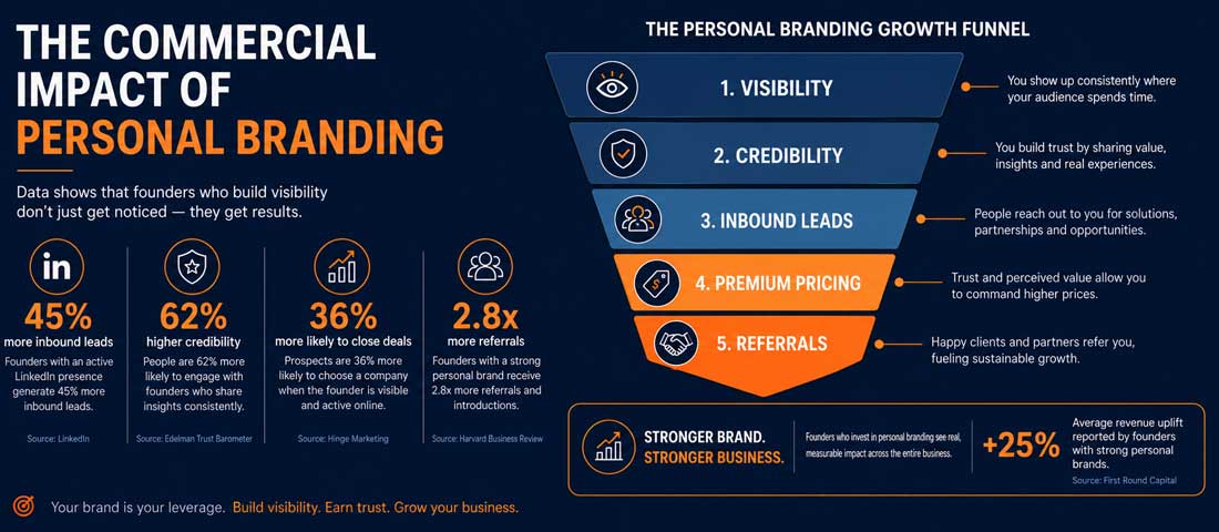 Personal brand commercial impact infographic showing founder visibility to credibility to inbound leads to premium pricing funnel representing ROI of personal branding for founders