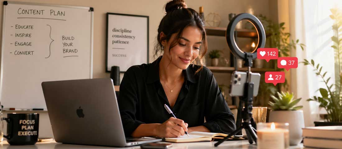 Founder building personal brand online in 2026 showing business owner creating content at laptop with social media engagement representing personal brand growth strategy