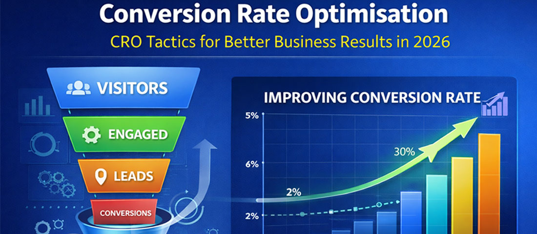 Conversion rate optimisation CRO tactics showing website analytics funnel and improving conversion rate graph for better business results in 2026