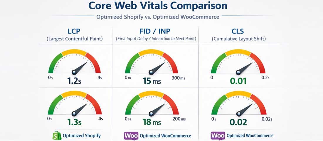 Shopify vs WooCommerce Core Web Vitals performance comparison showing LCP INP and CLS benchmark scores for both platforms when properly optimised