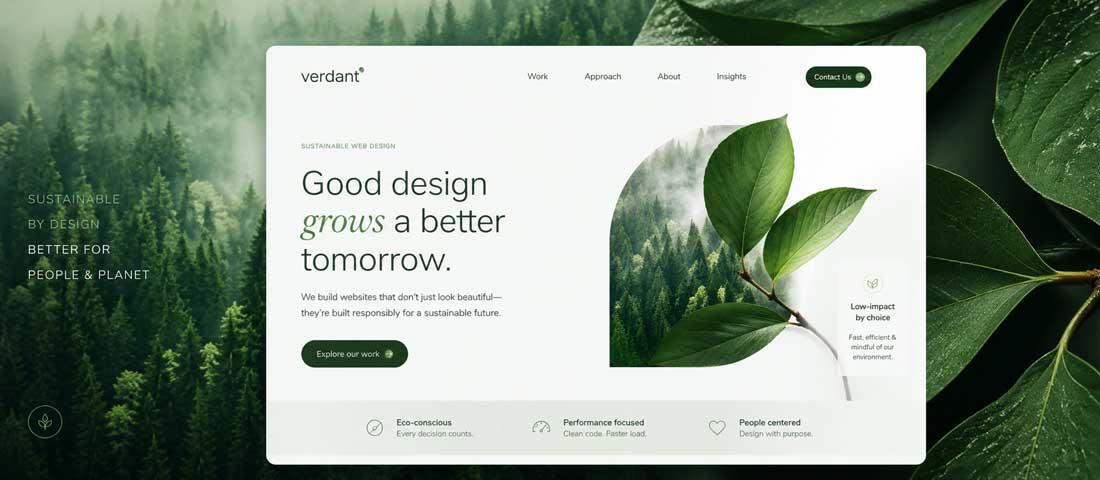 Sustainable web design concept showing clean minimal website interface merged with green natural environment representing eco-friendly digital design in 2026
