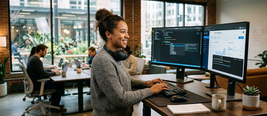 Productive web developer using AI code generation tools efficiently showing dual monitor setup with code editor and running application representing AI-augmented development workflow