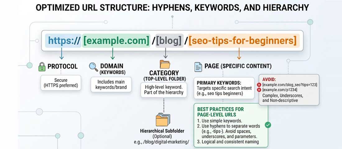 Diagram showing correct URL structure with hyphens, keywords, and logical hierarchy