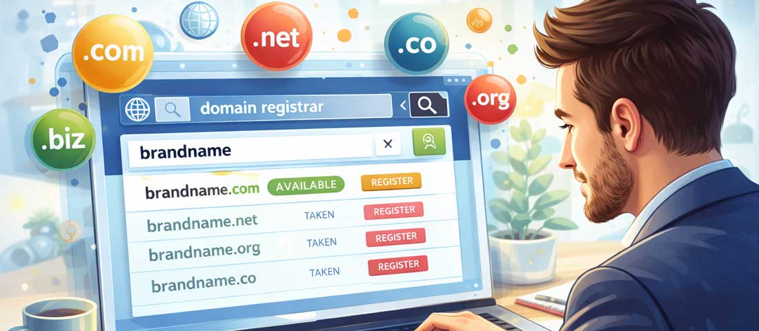 Business owner researching domain name options on a laptop with domain registrar interface showing availability search results