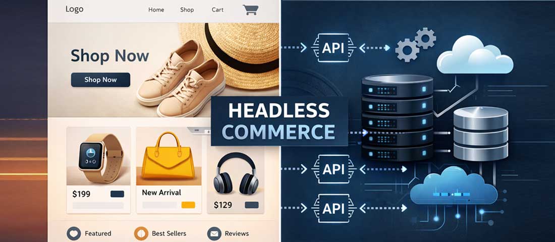 Headless commerce architecture diagram showing frontend storefront separated from backend Shopify or WooCommerce connected via API for flexible eCommerce