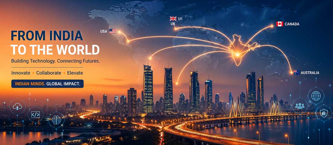 Indian tech companies winning global clients in 2026 showing India skyline with digital connectivity lines reaching USA UK Australia and Canada representing global tech success