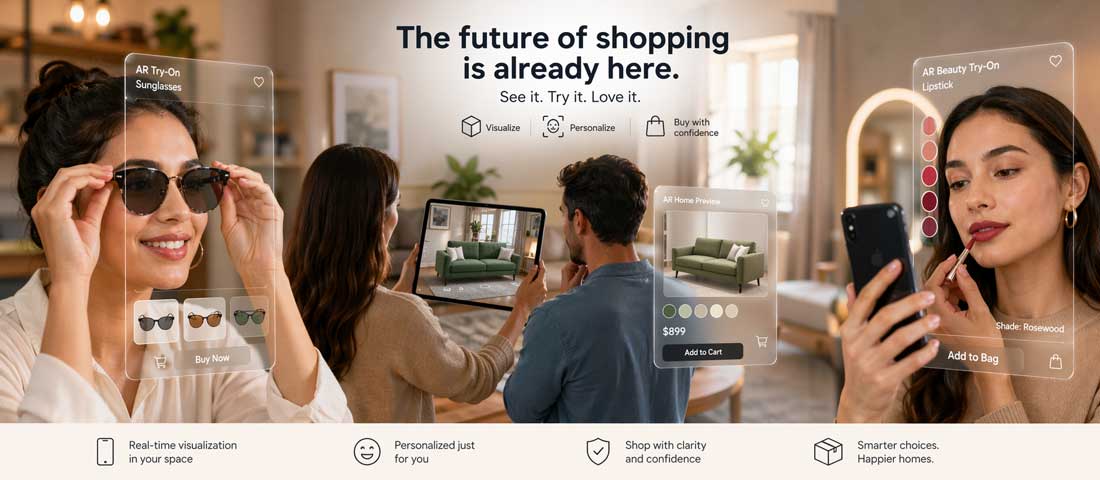 AR shopping becoming mainstream showing multiple scenarios of consumers using augmented reality to try on eyewear visualise furniture and match cosmetic shades before buying