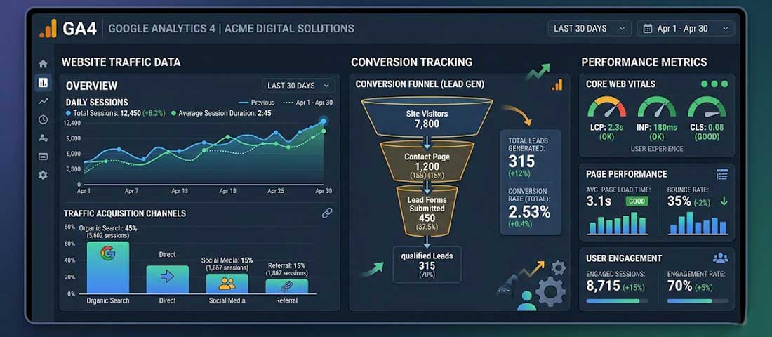 Google Analytics 4 dashboard showing website traffic data conversion tracking and performance metrics for professional business website management