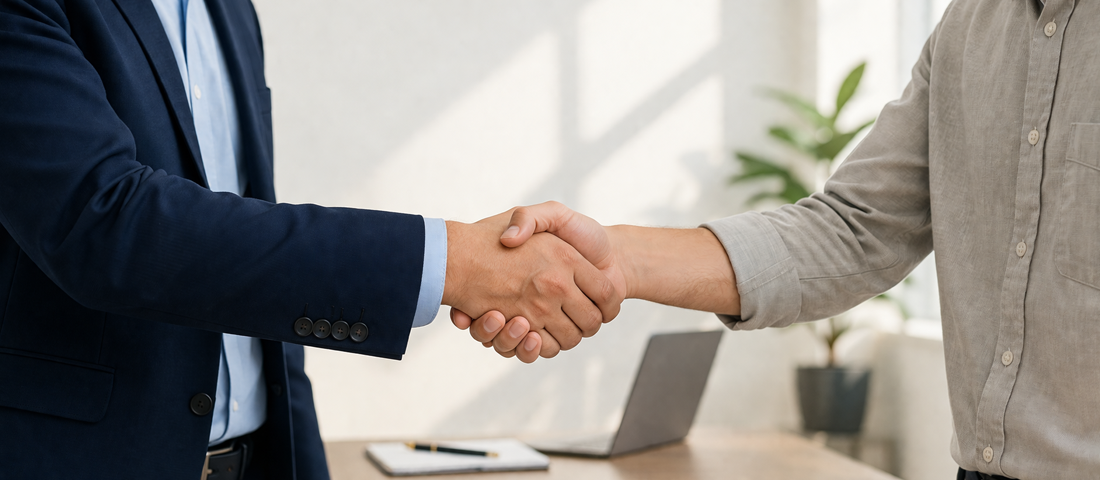Business owner and web design professional shaking hands representing successful partnership selection for a business website project