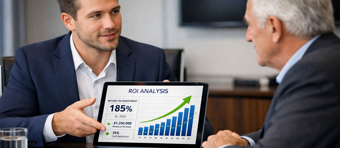 Business professional presenting website redesign ROI calculations to boss showing financial data charts and return on investment analysis