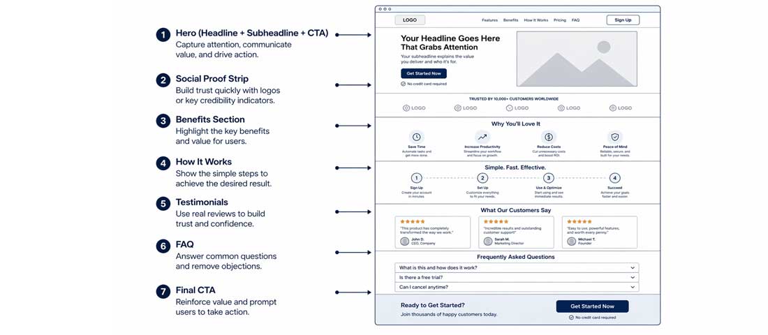 Landing page anatomy diagram showing annotated wireframe with hero section social proof benefits testimonials FAQ and CTA sections labelled as high-converting page structure