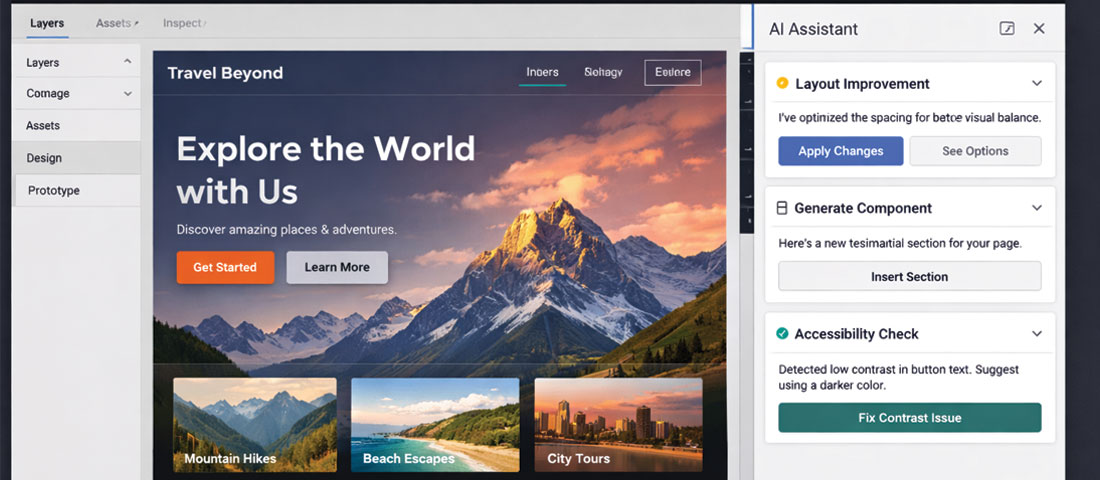 Agentic AI in web design tools showing AI assistant panel in Figma or Webflow suggesting layout changes generating components and optimising design
