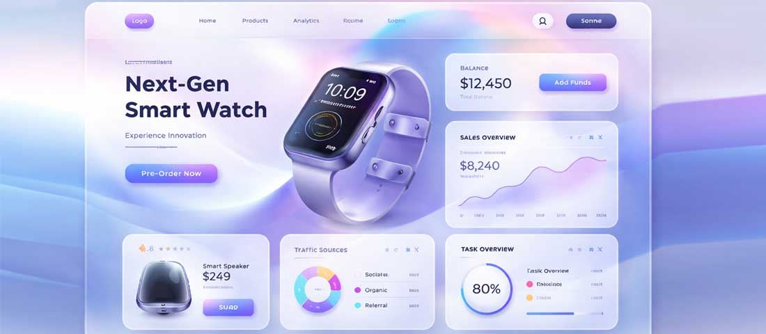 Beautiful glassmorphism web design example showing premium UI with frosted glass cards vibrant gradient background and professional typography in 2026