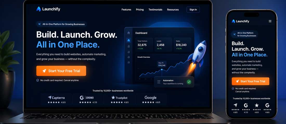 High-converting landing page design in 2026 showing clean hero section with strong headline prominent CTA button trust badges and professional layout on laptop and mobile