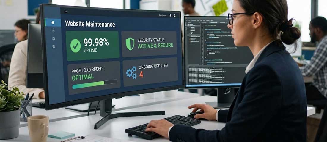Website maintenance services showing developer monitoring website uptime security and performance metrics for ongoing business website care