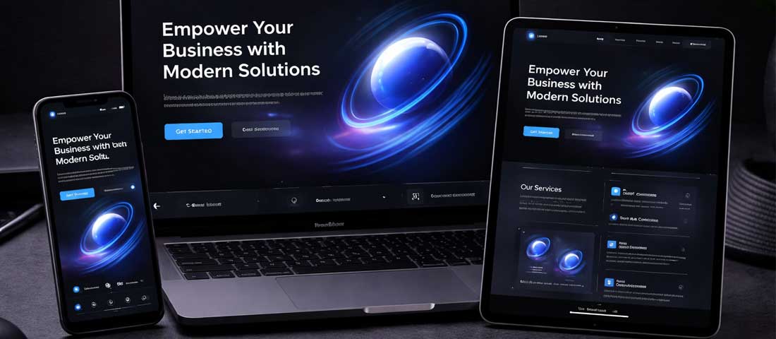 Dark mode website displayed beautifully across multiple devices showing laptop smartphone and tablet with consistent premium dark UI design in 2026
