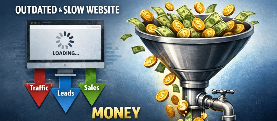 Cost of not redesigning website showing revenue and leads draining away monthly from outdated slow website representing opportunity cost of inaction
